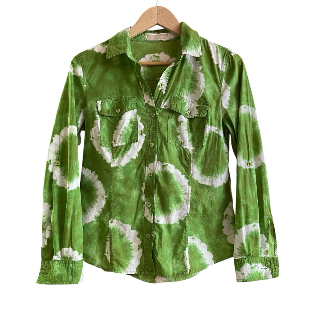 Michael Kors Green Tie Dye Button Down Shirt Lightweight Casual Resort Top S * - Picture 2 of 11